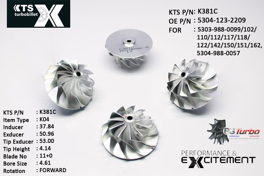 Turbo ROUE FORGÉE MFS PERFORMANCE - 11+0 PALES - INDUCER : 37,84 - EXDUCER : 50,96 - TYPE : K04ANGLE : 45° - ROTATION : Forward - SUPER BACK : 1,8 - BORE SIZE : 4,61
